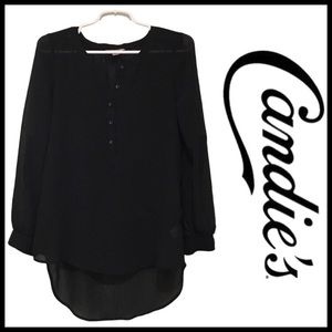 CANDIE’S Black Tunic Blouse: Sheer, Half Button, Long Sleeve or Rolled, Small